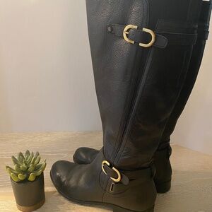 Naturalized Black Leather Calf Boots Low Block Heel Riding Boots